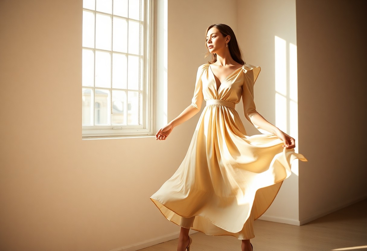 Silhouette mode, robe de soie beige